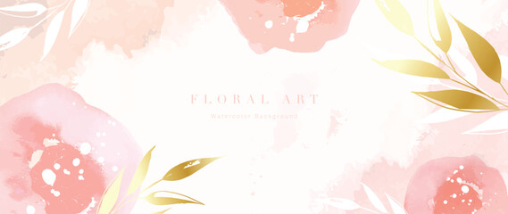 Spring floral in watercolor vector background. Luxury flower wallpaper design with wild flowers, line art, golden texture. Elegant gold botanical illustration suitable for fabric, prints, cover.