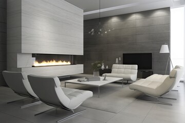 Wall Mural - Contemporary Living Room with White Furniture and a Cozy Fireplace Generative AI