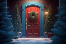 Elegant Christmas Door With Garland Xmas Decoration In Snow