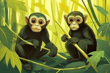 Sticker - two monkeys perched on a tree branch in a vibrant jungle setting Generative AI