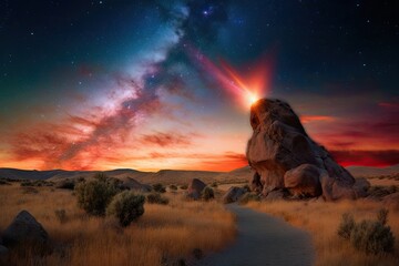 Poster - solitary rock standing in the middle of a vast open field Generative AI