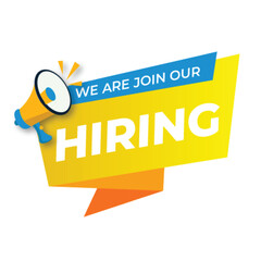 Hiring recruitment open vacancy design info label template. We are hiring join to team announcement lettering in speech bubble chat box vector illustration isolated on yellow background