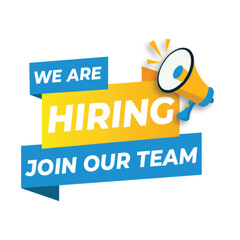 Hiring recruitment open vacancy design info label template. We are hiring join to team announcement lettering in speech bubble chat box vector illustration isolated on yellow background