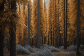 Poster - serene forest with dense tall trees and sunlight shining through the leaves Generative AI