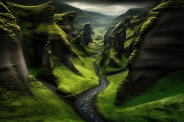 Sticker - serene river flowing through a vibrant valley surrounded by lush greenery Generative AI