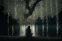 A Person Seated Beneath A Glowing Weeping Willow Tree Generative AI