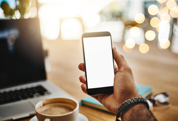 Aufkleber - Mockup, closeup and hand with a smartphone, cafe and connection for social media, screen and relax. Male person, technology and guy with a cellphone, coffee shop and mobile app for communication