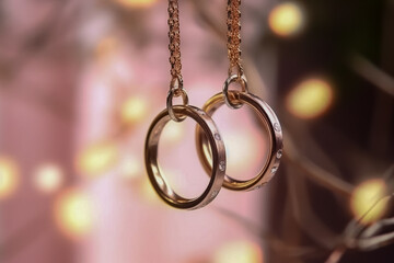 Two gold wedding rings hanging together on a string