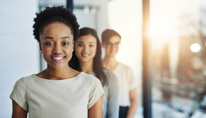 Canvas Print - Happy black woman, portrait and team leadership in office with happiness, motivation and professional staff. Face, smile and female employees in empowerment, pride and confident in business diversity