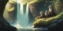 A Majestic Waterfall Cascading Down A Towering Cliff Into A Peaceful Lake Surrounded Lush Trees Family Of Otters In Water. Generative AI AIG16.