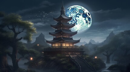 Wall Mural - pagoda in the sky with moon and moon lights, in the style of realistic fantasy artwork, richly detai