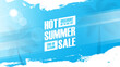 Hot Summer Sale. Summertime commercial banner with palm trees, summer sun and white brush strokes for business, seasonal shopping, promotion and sale advertising. Vector illustration.
