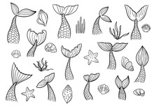 Mermaid Tail With Shell, Seaweed, Starfish Cute Vector Icon Set. Line Sea Fish Hand Drawn Silhouette Isolated On White Background. Black Contour Marine Tale Girl Elements. 
