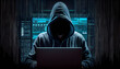 © Maureen - Anonymous hacker without face typing computer laptop. Concept of hacking cybersecurity, cybercrime, cyberattack. Generative ai.
