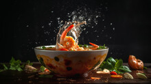 Tom Yum Kung, Spicy Thai Soup With Shrimp In A Black Bowl, Ai Illustration 