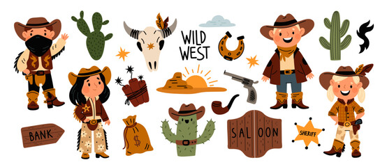 cartoon cowboys. cute male and female wild west characters. sheriff badge. desert cactus. western bo