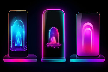 Poster - Podiums with mobile phones. Abstract digital user interface technology. The smartphone hangs in the air futuristic portal, hologram, Generative AI