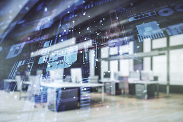 Poster - Multi exposure of abstract graphic coding sketch on a modern furnished classroom background, big data and networking concept