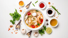 Tom Yum Kung, Spicy Thai Soup With Shrimps, Isolated On White, Top View, Ai Illustration 