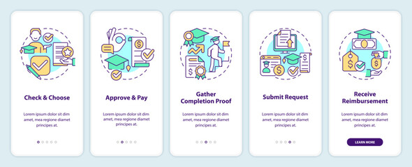 Apply for tuition reimbursement onboarding mobile app screen. Walkthrough 5 steps editable graphic instructions with linear concepts. UI, UX, GUI template. Myriad Pro-Bold, Regular fonts used