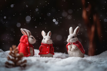 Wall Mural - Little tiny bunnies dressed up as Santa Claus on snowing Christmas festive background, generative AI