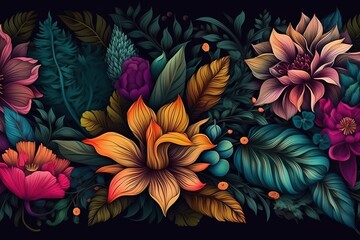 wallpaper pattern with colorful flowers and leaves. 3d interior mural painting wall art decor wallpaper. floral pattern nature plant with bright color flowers illustration background. 