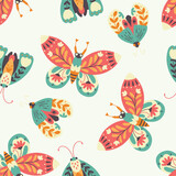 Fototapeta Motyle - Moth seamless pattern. A butterfly decorated with a collection of flowers. Hand drawn doodle illustration in simple scandinavian style. Pastel palette. Vector on a white background.