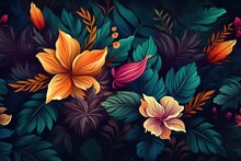 Wallpaper Pattern With Colorful Flowers And Leaves. 3d Interior Mural Painting Wall Art Decor Wallpaper. Floral Pattern Nature Plant With Bright Color Flowers Illustration Background. 