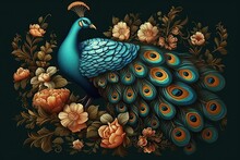 Bright Color Floral With Exotic Oriental Pattern Flowers And Peacocks Illustration Background. 3d Abstraction Wallpaper For Interior Mural Wall Art Decor.
