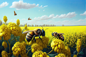 Wall Mural - Many bees flying in canola flower field in summer (Generative AI)