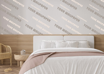 Wall Mural - Wallpaper presentation mock up. Modern bedroom with copy space for wallpaper design, wall panels, photo wallpaper, print or paint. Interior wall mockup. Show, display. 3D rendering.