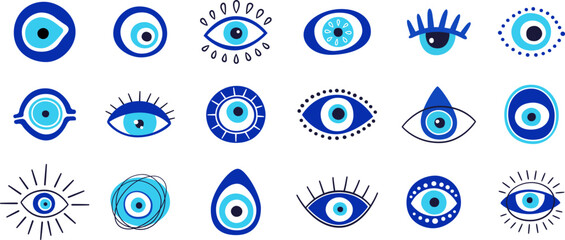 Evil eye talisman icons. Turkish or greek eye symbols. Greece ethnic magic amulet. Mystical blue hamsa icons set in hand drawn style. Nazar amulet symbol. Vector illustration isolated in doodle style.