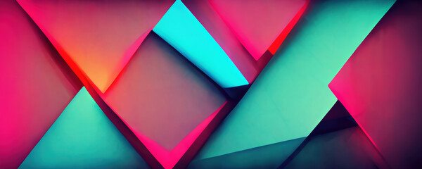 Wall Mural - Geometric design futuristic background. Defocused neon pink cyan blue color gradient light triangle blocks abstract art illustration.