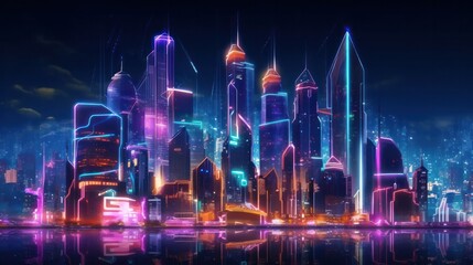 Neon mega city capital towers with futuristic technology background, future modern building virtual reality, night life style concept. Generative AI.