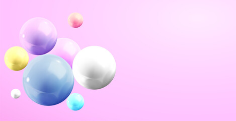 Poster - Abstract background with dynamic 3d colorful spheres, colorful balls. Minimal glossy sphere of balls on pastel color. Modern design for display product, backdrop, banner, party, celebration. Vector EP