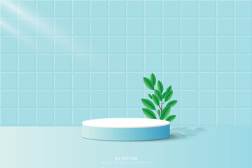 White blue 3d cylinder podium or stage for show product with leaf branch in blue ceramic tile wall background. Minimal scene for show product. 3d vector geometric form design.