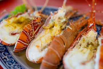 Steamed lobster seafood dish in restaurant