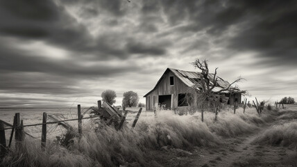 A black and white illustration of an old abandoned barn in a rural setting. generative ai