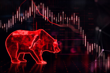 Poster - Global economy crisis and bearish stock market crash concept with falling down digital red financial chart candlestick and bear symbol on dark background. 3D rendering