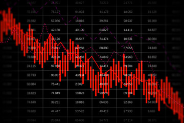 Poster - Flling red business graph grid on black background. Crisis, recession and stock market concept. 3D Rendering.