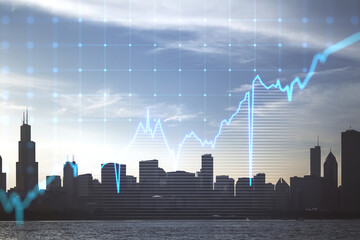 Poster - Glowing blue business graph on blurry city background. Finance, trade and success concept. Double exposure.