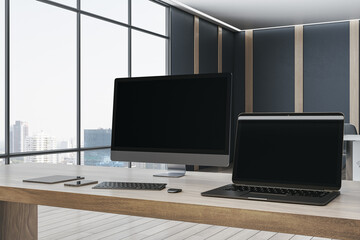 Aufkleber - Luxury designer office desktop with empty mock up computer screens, supplies and blurry interior with windows and city view background. 3D Rendering.