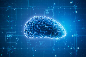 Poster - Science, research, artificial intelligence and technology digital interface concept with blue glowing human brain layout on dark cyberspace matrix background with. 3D rendering