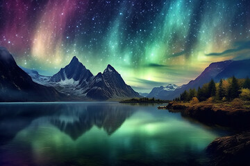 Wall Mural - night starry sky with the aurora borealis and stars above the lake water on the background of mountains. Generative AI illustration