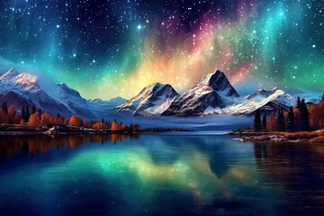 Wall Mural - night starry sky with the aurora borealis and stars above the lake water on the background of mounta