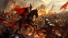 An Epic Battle Scene With A Medieval Army Charging Into Battle, Horses Galloping, Flags Waving, And Weapons Clashing. Generative Ai.