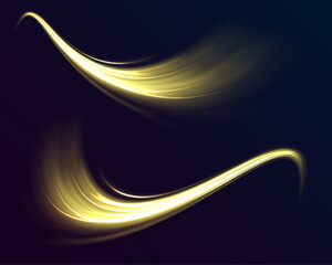 Luminous gold wavy line of light on a transparent background. Glittering wavy trail. Golden glowing shiny spiral lines effect. Curved yellow line light. Swirling glow dynamic neon circles. 