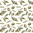 Seamless pattern of olives and olive branches. Hand drawn graphic style illustrations isolated on white background. Template for design textiles, printing, packaging.