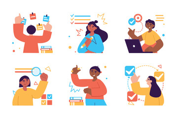 Aufkleber - Business planner set color concept with people scene in the flat cartoon design. Employees make a lists of plans and further business tasks. Vector illustration.