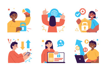 Aufkleber - Cloud service set color concept with people scene in the flat cartoon style. Internet specialists work with cloud service settings. Vector illustration.